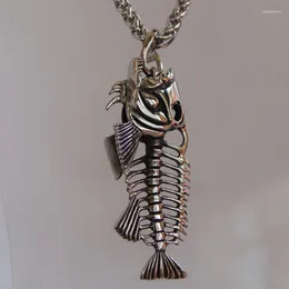 Pendant Necklaces Lucky Biting Hook Fish Bone 316L Stainless Steel Basket Chain Necklace