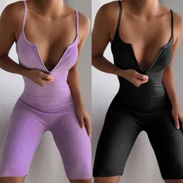 Yeni 2020 Kadın Aktif Seksi Seksi Bir Parçalı Tulum Yaz Sling Shorts Fermuar V Boyun Spor Fitness Spor Salonu Yoga Set Sportswear277W