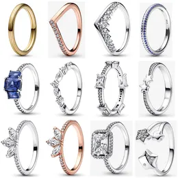 925 Mulheres prateadas FIT PANDORA RING ORIGINAL CORONHA COROWN RINGS RINGS RETANGLULARES HALO ESTRELAS AMPRENHO QUE TARIA CROWN ROW ETERNIDADE