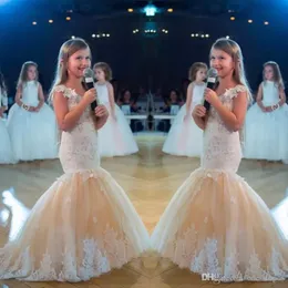 Abiti da spettacolo per ragazze a sirena per adolescenti Nuovi applicazioni di pizzo bianco Champagne Tulle Flower Girl Dress Abiti da cerimonia per bambini formali BA4549