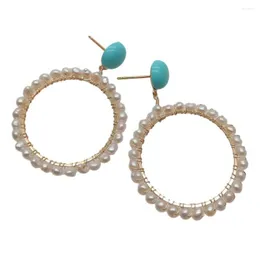 Hoop Earrings 3-4mm Cultured White Pearl Blue Turquoise 14kt Yellow Gold