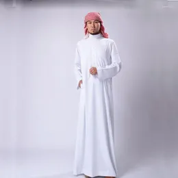 Etniska kläder saudiarabien traditionella kostymer man muslimsk jubba thobe solid vit stativ krage polyester lång mantel klänning islamisk