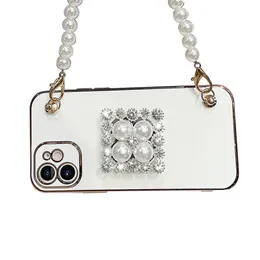 Pearl Chain Handbag Cell Phone Cases Holder Luxury Diamond-encrusted Mobile Phone Shell Rhinestone Crossbody Iphone Cover for Apple 14Pro plus 13 max 12 11With Strap