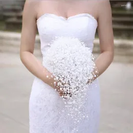 Dekorativa blommor fulla pärlor elfenben white bukett handgjorda vattenfull brud lyx bröllop blommor brudtillbehör