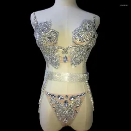 Stage Wear Occident Bar Nightclub DJ Costume Female Dancer Performance Dance Suit Sparkly Glass Rhinestones Bikini Sexiga BH