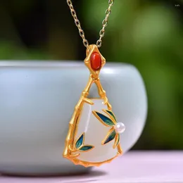 Pendant Necklaces S925 Silver Inlay Hetian Jade White Trapezoidal Drum Surface Hollow-out Dazzling Retro Natural Women's Clavicle