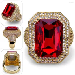 Anneaux De Mariage De Luxe Bague En Or Grand Carré Rouge Cristal Zircon Doigt De Mode Punk Rectangle Parti Bijoux Pour Hommes Femmes Accessoires