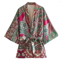 البلوزات النسائية Elmsk Bohemian Style Vintage Kimono Shirt فضفاضة Paisley Print Sashes Blouse Women Cardigan