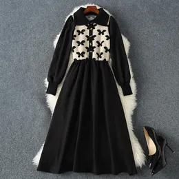 2023 Spring Black Contrast Color Floral Panele Sticked Dress Long Sleeve Lapel Neck Buttons Midi Casual Dresses M3M03B690