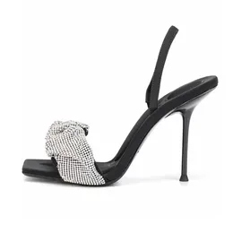 Sandália de salto agulha com strass Cabeça quadrada com dobra incrustada de cristais Sapatos de noite 4,5 cm 10 cm Designer de luxo Sexy alça de tornozelo elegante Sapatos de festa femininos