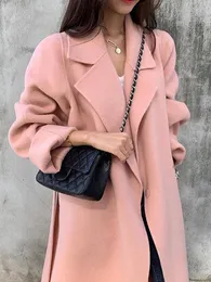 Women Blends Suninheart Cashmere Medium Long Belt Woolen Coat Loose Lapel Solid Buttons Coats Winter Lady Elegant Fashion Outwear 230303
