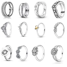 Damen-Ring aus 925er-Silber, passend für Pandora, Original-Herzkrone, modische Ringe, funkelnde Dreifachband-königliche Perlen-Tiara, Wirbel-Tiara