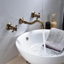 Zlew łazienki krany vintage antyczne mosiężne szeroko rozpowszechnione kran podwójne uchwyty 3 otwory mikser dotknij wannę na ścianie