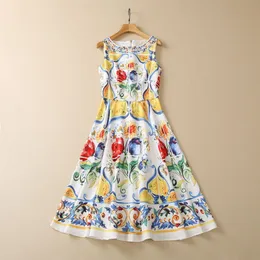 2023 Summer Yellow Paisley Print Paneled Dress Senza maniche Girocollo Bottoni Midi Abiti casual S3M020302
