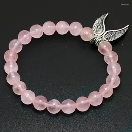 Strand Reiki Natural Pink Quartz with Angel Pendent Bracelet Women Stone Mala Beads Charms Ethnic Handmade Jewelry