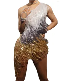 Scenkläder lutande axel Shining Tassel Sexig klänning för kvinnor Jazz Latin Prom Dance Clothing Singer Costumes Nightclub Wears