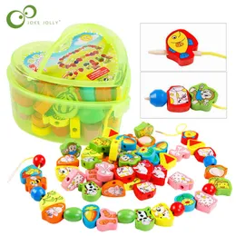 26Pcs Cartoon Animals Fruit Block Wooden Stringing Threading Beads Game Educational Toy For Baby Kids Children Gift