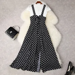 Summer Cap Sleeve Two Piece Suits Round Neck Black / Ivory Solid Color Lace Top Polka Dot Overalls Suspender Long Dress 2 Pieces Set 22A194014