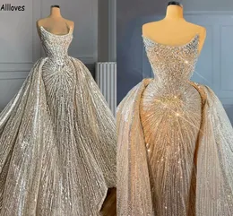 Fantastiska kristaller sequined sjöjungfrun bröllopsklänningar med avtagbart tåg stropplösa Dubai arabiska marockanska kalkon brudklänningar trumpetrockar de mariee cl1928