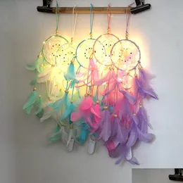 Sztuka i rzemiosło światło LED Dream Catcher ręcznie robione pióra samochodowe domowe wiszące dekoracja ozdoby prezent Dreamcatcher wiatr chime chime chime