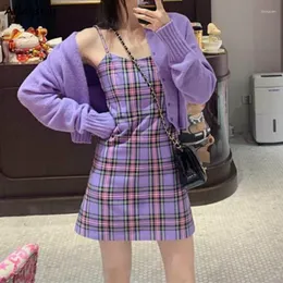 Abiti casual Le donne vestono senza maniche Sexy plaid viola Bella mini sottile tutto-fiammifero Stile coreano Moda A-line Chic femminile Ins