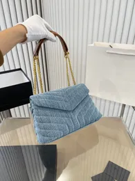 (ünlü tarzı çanta) Lüks tasarımcı çanta şekli, denim mavisi, her şey moda metal zinciri omuz kapağı crossbody çantası