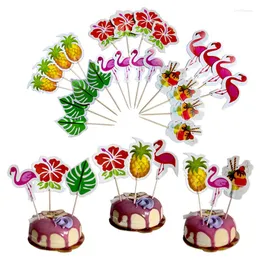 Decorazione per feste 24 pezzi Luau Cupcake Toppers Stuzzicadenti hawaiani con fenicottero Ananas Foglie di palma Forma Picks Tropical Summer Beach Decor
