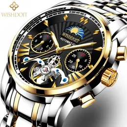 Wristwatches WISHDOIT Men's Watches Luxury Automatic Business Mechanical Moon Phase Calendar Week Sports Waterproof Luminous Clock