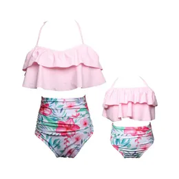 Women's Swimwear 2023 Summer Family Swimsuit Ruffles Print Mother Daughter Bandage Bikini Set High Waist Bathing 2pcs Biquinis