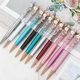 Creative Rose Gold Flower Clip Crystal Metal Ball Point Pennor For Wedding Party Present Office School Stationery Custom Logo