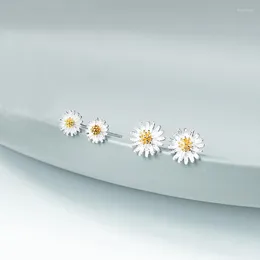 أقراط مسمار VAE1 DAISY Real 925 Sterling Silver Flower Flower two-tones for Women Girls Simple Jewelry