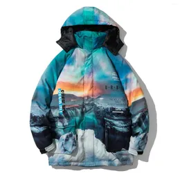 Men's Down Winter Warm Men Jacket Coat Loose Snow Mountain Print Thick Hat White Duck Parka With Hood