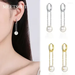 Orecchini a cerchio MEETSOFT Trendy 925 Sterling Silver Nappa Catena di perle Fibbia in zircone per donna Bella gioielleria raffinata