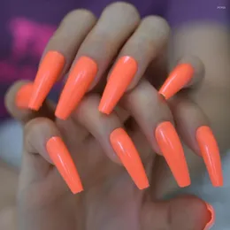 False Nails 24pcs Orange Coffin Nail Extra Long Full Cover Sculpted Ballerina Acrylic Fake Fingernail Tips Manicure Charms