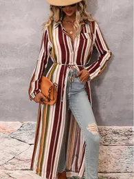 Women's Blouses LiTi Autumn 2023 Lapel Stripe Long Dress Cardigan Printed Women Top Loose Waist Sleeve Blouse