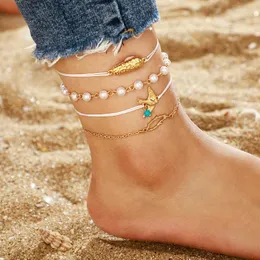 Anklets Reilly 2023女性のツバメのピーナッツパール編組ロープゴールドマルチレイヤー4ピースフットチェーン