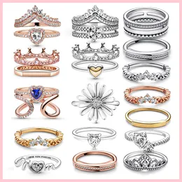 925 Silver Women Fit Pandora Ring Original Heart Crown Fashion Rings Wish Bone Clear CZ Finger Rings for Women Wedding Engagement Statement