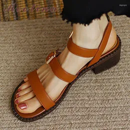 Sandálias meotina feminino feminino genuíno de couro quadrado de calcanhar redondo dedo do pé fivela ladies tênis estreitos sapatos de verão bege