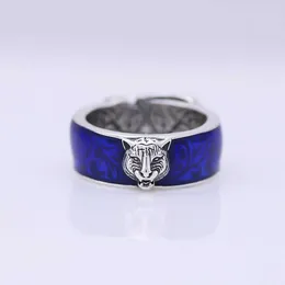 60% rabatt 2023 Ny lyxig högkvalitativ modesmycken för Sterling Silver Tiger Head Blue Emamel Double Men's Belt Buckle Ins Personality Ring