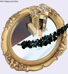 Kök Storage Organization European Retro Glass Mirror Tray Shooting Props Cosmetic Oval Decoration Home White Golden Plastic 5364338