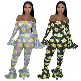 Women's Jumpsuits & Rompers Autumn Sexy Women Floral Print Mesh Full Flare Sleeve Off The Shoulder Slash Neck See-Though Boot Cut Long LCLDS