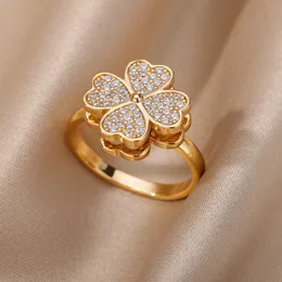 Zircon Rotatable Four Leaf Clover Anxiety Rings for Women Stainless Steel Anti-stress Fidget Spinner Ring Aesthetic Jewelry Gift