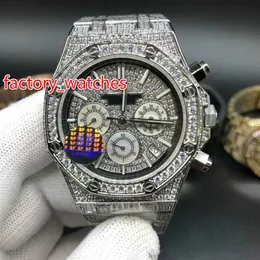 Diamantes completos de quartzo brilhante relógio de 41 mm de madeira picada de aço prateado cronógrafo vk cronógrafo completo shipp199b