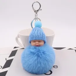 Keychains Fashion Colorful Sleeping Baby Doll Hanging Piece Hair Ball Pendant Cute Fluffy Pompom Chain Cotton Wool Holder Bag Toy