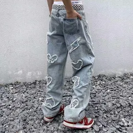 남자 청바지 패치 장식 고스 바지 2023 유럽계 미국 패션 하이 스트리트 씻은 오래된 패치 워크 직선 바지 트렌드