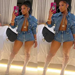 Women Clothing Casual Tracksuits Two Piece Set Denim Jacket And Short Jeans Leisure Elastic Shorts Outfits