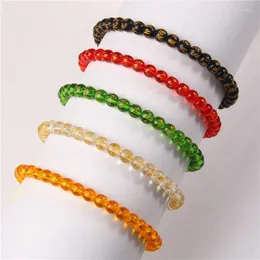 가닥 모토 비즈 팔찌 6 mm 광택 노란색 유리 뱅글 불교 6 단어 스트레치 보구 여성 pulsera 생일 선물