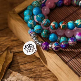 Charm Bracelets 108 Beads Buddhist Mala Wrap Stack Layer Bracelet for Woman Rose Quartz Purple Japer Turqoise ite and Lotus 230306