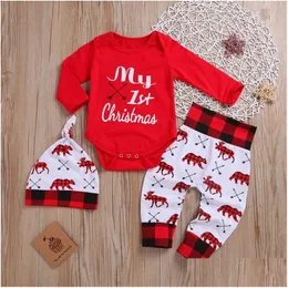 Clothing Sets Lovely Baby Boy My First Christmas Letter Romper Kids Tshirts Pant Born Hat Outfits Girl Xmas Set Autumn 2Pcs 220915 D Dhau3