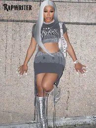 Zweiteiliges Kleid Rapwriter Grunge Letter Print Kleider Sets Crop Tops Unregelmäßiger Saum Minirock Ästhetik Streetwear Frau Hippie 2 Stück Outfits 230306